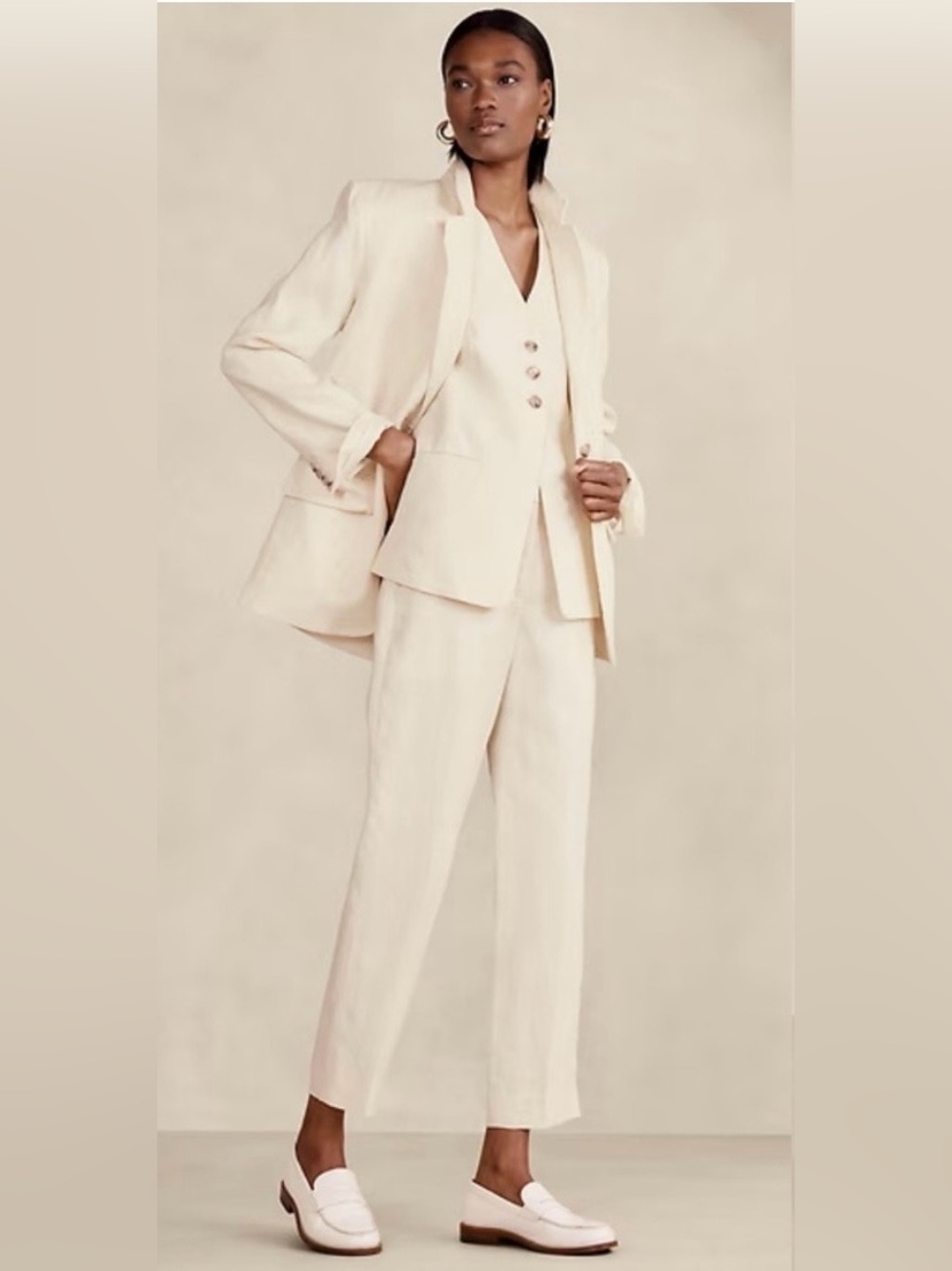 Banana Republic Lina Slim Ankle Linen Pants Size 6 Neutral Beige Tailored